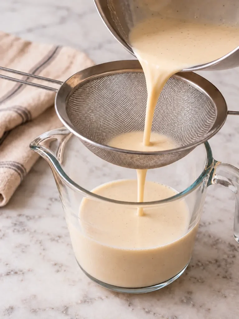 Chai cream mixture being strained into a heat-safe glass jug with a pouring spout