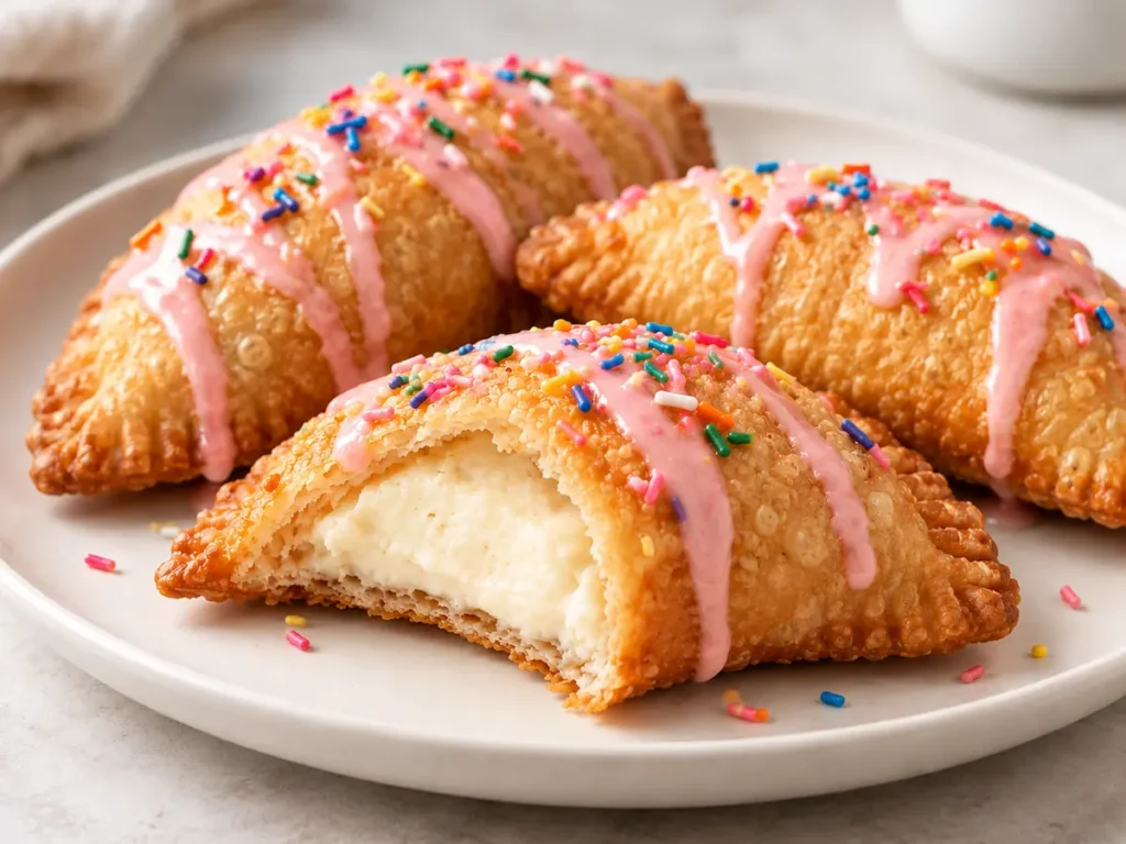 Three golden birthday cake empanadas with pink glaze and rainbow sprinkles, one cut open to show creamy filling