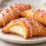 Three golden birthday cake empanadas with pink glaze and rainbow sprinkles, one cut open to show creamy filling