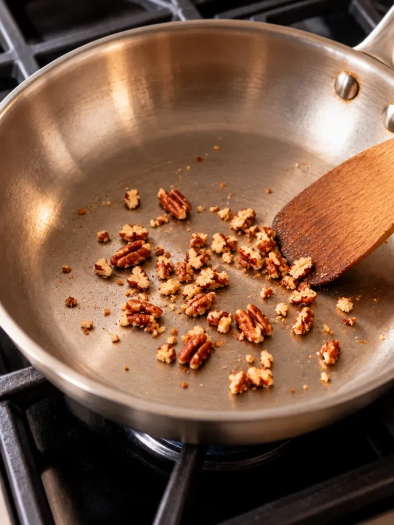 A small amount of chopped pecans toasting in a dry stainless steel skillet with a wooden spatula.