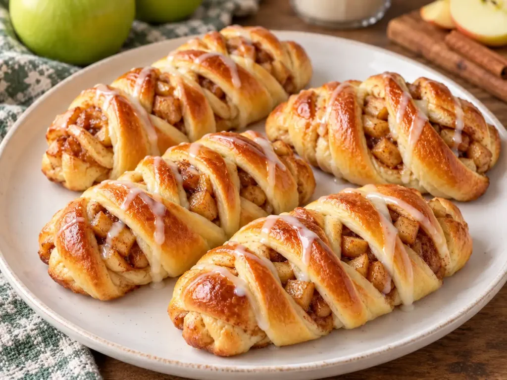 Twisted apple pie rolls with cinnamon apple filling and vanilla glaze on a white plate