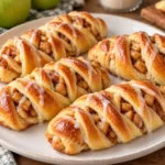 Twisted apple pie rolls with cinnamon apple filling and vanilla glaze on a white plate