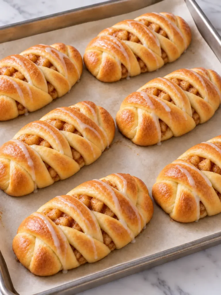 Baked twisted apple pie rolls with apple filling and vanilla glaze on a parchment-lined baking sheet