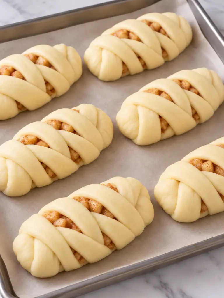 Twisted apple pie rolls on a parchment-lined baking sheet after the final rise