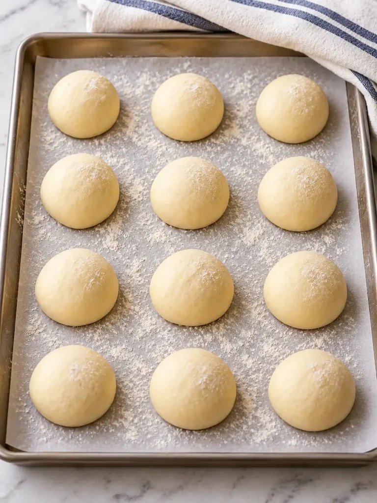 Twelve smooth yeast dough balls portioned for twisted apple pie rolls on a parchment-lined baking sheet