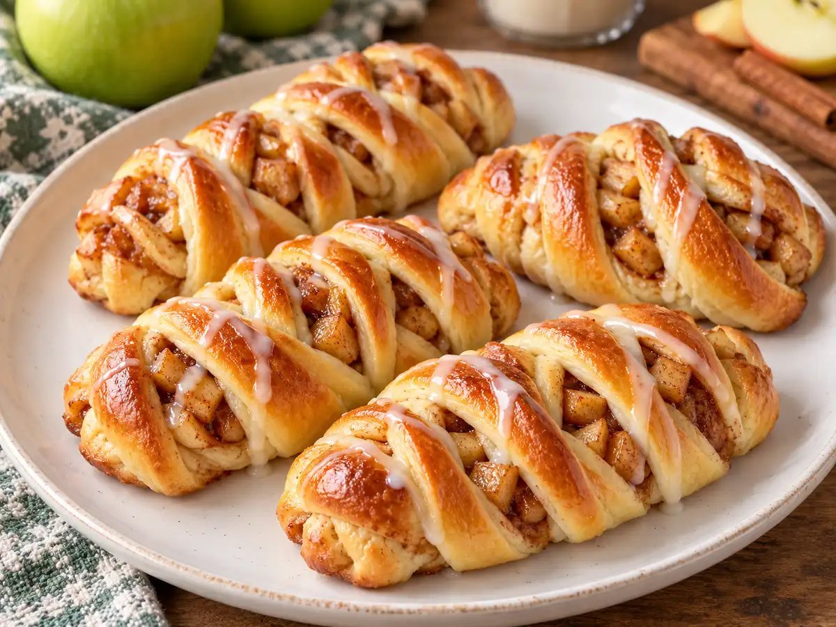 Twisted apple pie rolls with cinnamon apple filling and vanilla glaze on a white plate