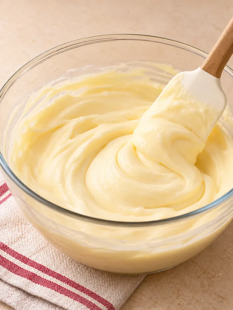 Thick, creamy vanilla pudding being gently folded with a silicone spatula in a clear glass mixing bowl.