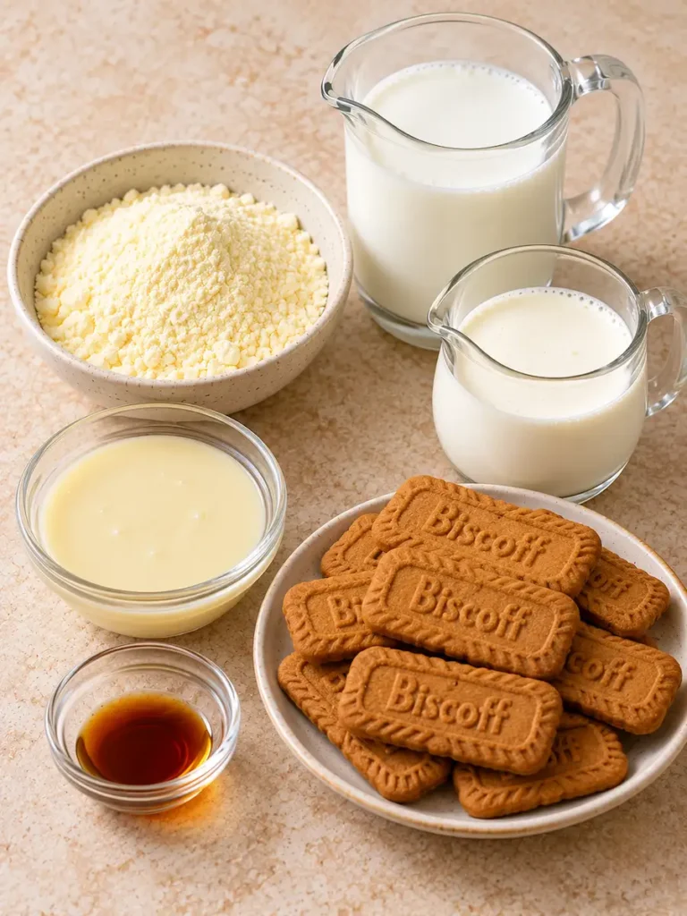 Instant vanilla pudding mix, milk, sweetened condensed milk, heavy cream, vanilla extract, and Biscoff cookies arranged on a beige countertop.