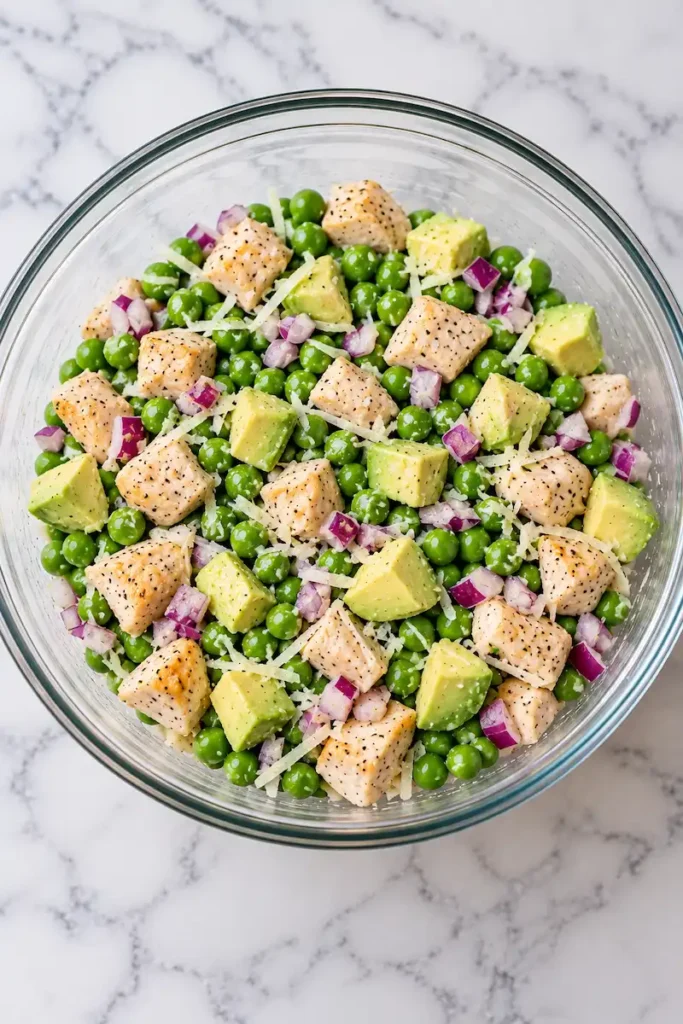 Chicken and peas mixed with avocado, red onion, and Parmesan in a glass bowl