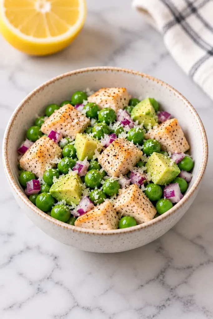 Small bowl of chicken and peas with avocado, red onion, and Parmesan