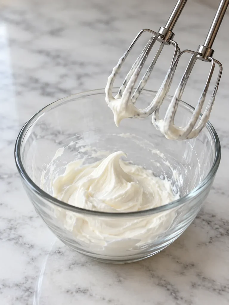 Small batch of whipped cream forming a soft peak in a glass bowl with electric mixer beaters