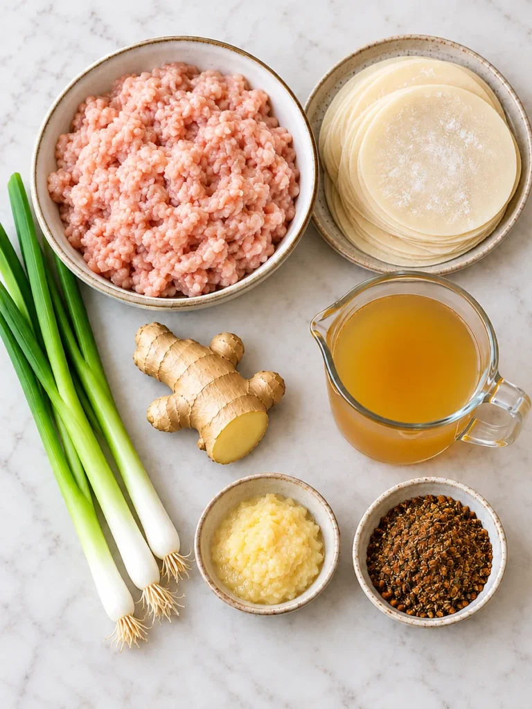 Ground chicken, round dumpling wrappers, jerk seasoning, green onions, ginger, garlic paste, and chicken broth.