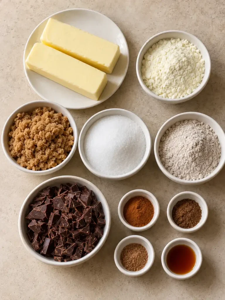 Butter, sugars, rye flour, milk powder, chopped chocolate, spices, and vanilla arranged for pumpkin tangzhong cookies.