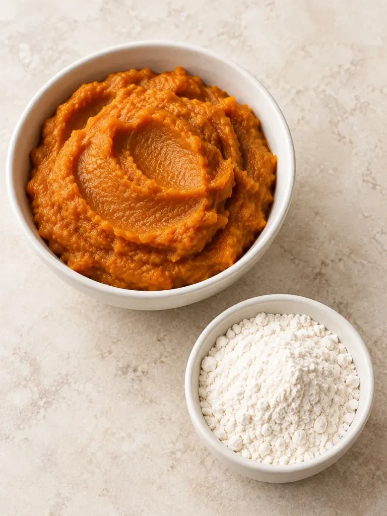 Plain pumpkin purée and all-purpose flour in separate white bowls for pumpkin tangzhong.
